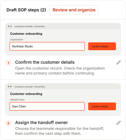 Customer onboarding draft in SOPFlow, with two captured screenshots and instructions ready to review.