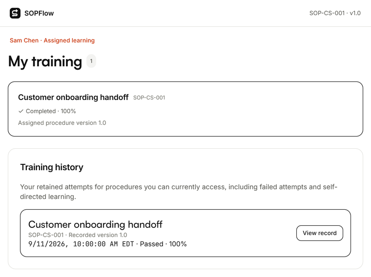 SOPFlow training history showing a completed customer onboarding assignment tied to procedure version 1.0.