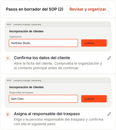Borrador de incorporación de clientes en SOPFlow, con dos capturas e instrucciones listas para revisar.