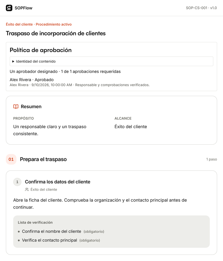 Procedimiento de incorporación con un equipo responsable, comprobaciones obligatorias y una revisión de Alex Rivera.