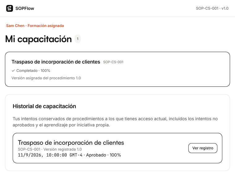 Historial de formación de SOPFlow con una sesión completada vinculada a la versión 1.0 del procedimiento.