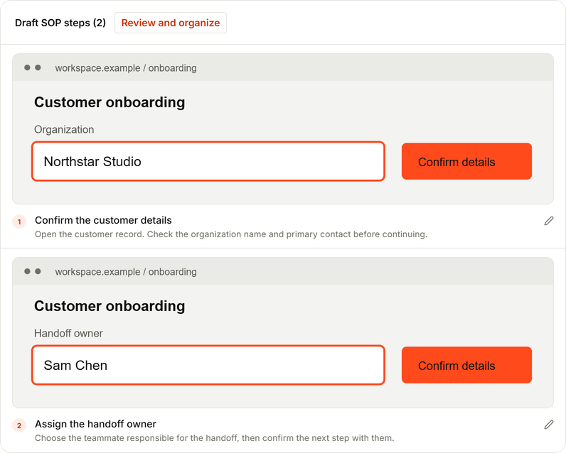 Recorder draft with two instructions for a customer handoff.