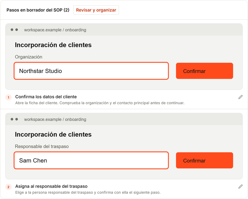 Borrador del grabador con dos instrucciones para un traspaso de cliente.