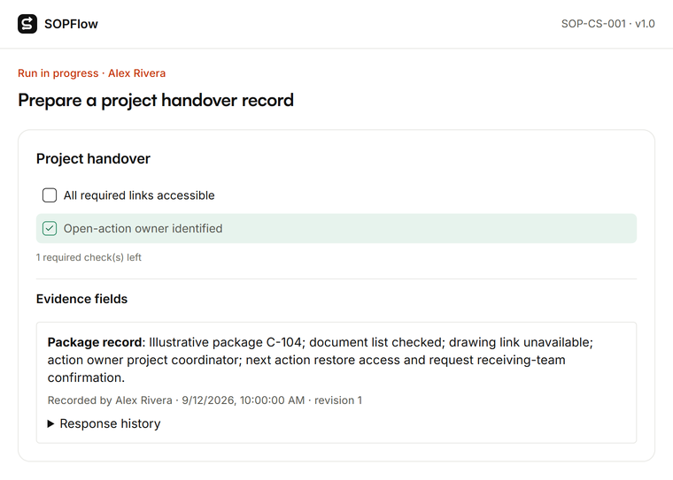 SOPFlow run for prepare a project handover record, showing required checks and recorded evidence.