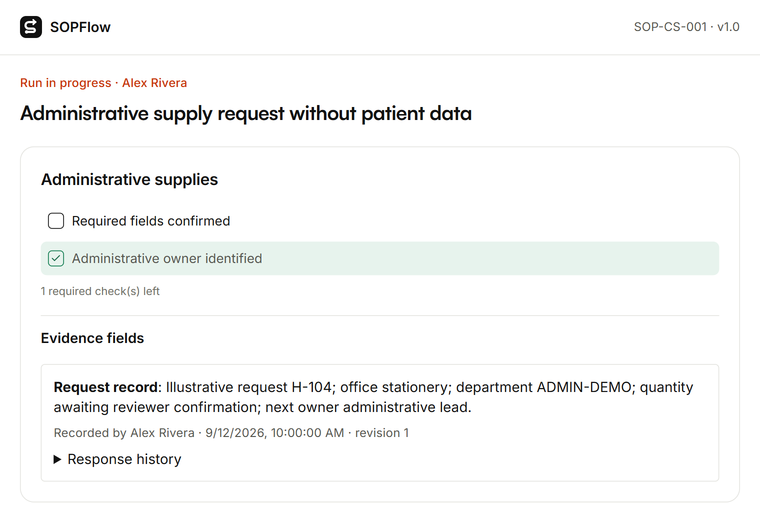 SOPFlow run for administrative supply request without patient data, showing required checks and recorded evidence.