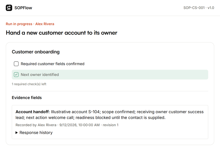 SOPFlow run for hand a new customer account to its owner, showing required checks and recorded evidence.