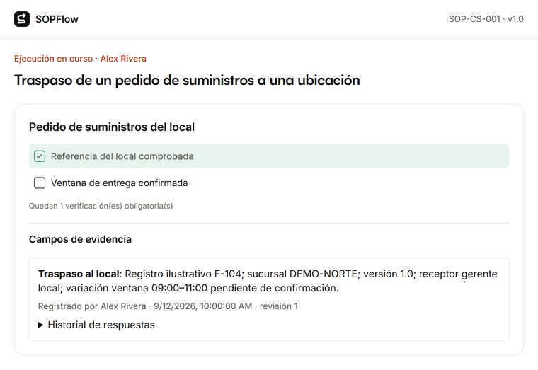 Ejecución de SOPFlow: Traspaso de un pedido de suministros a una ubicación, con comprobaciones obligatorias y evidencia registrada.
