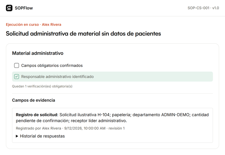 Ejecución de SOPFlow: Solicitud administrativa de material sin datos de pacientes, con comprobaciones obligatorias y evidencia registrada.
