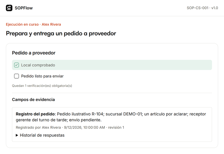 Ejecución de SOPFlow: Prepara y entrega un pedido a proveedor, con comprobaciones obligatorias y evidencia registrada.